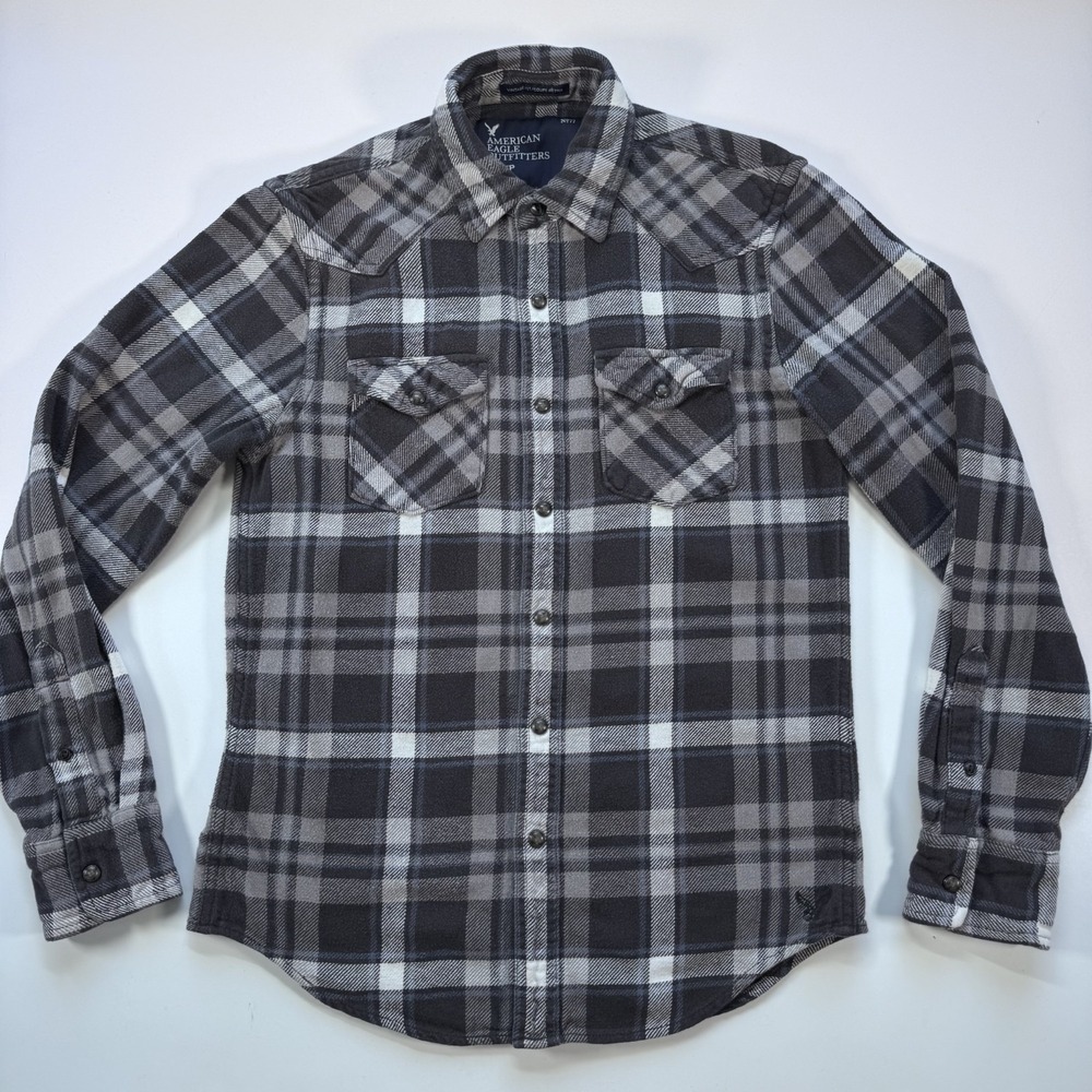 AMERICAN EAGLE Long Sleeve Snap Western Flannel Shirt Mens XSmall Gray Plaid